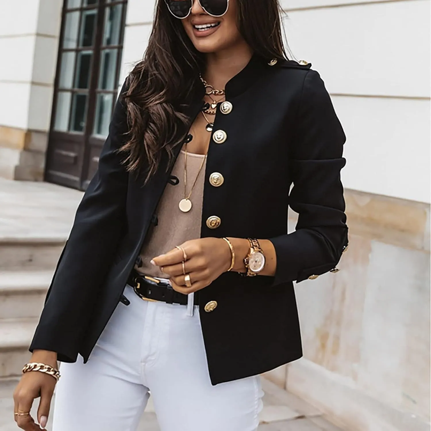 Crop Blazer for Women Mock Neck Button Jacket Open Front Cardigan Blouse Tops Business Casual Suit Coats