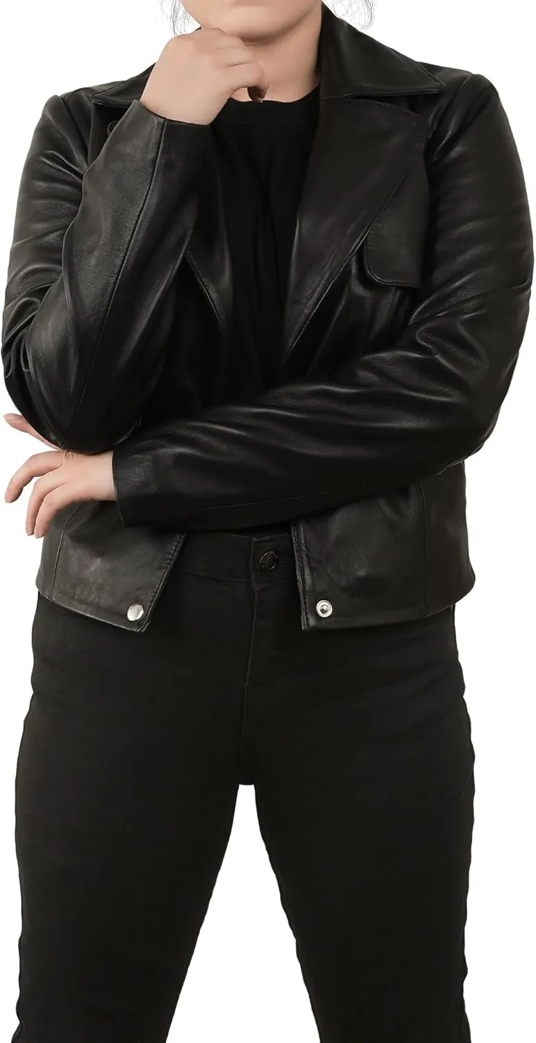 Cropped Leather Jacket Women | Genuine Leather Coat Snap Button Closure Short Blazers for Women