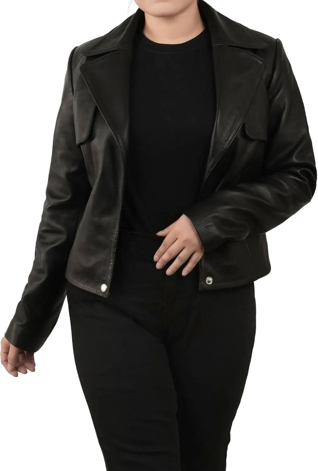 Cropped Leather Jacket Women | Genuine Leather Coat Snap Button Closure Short Blazers for Women