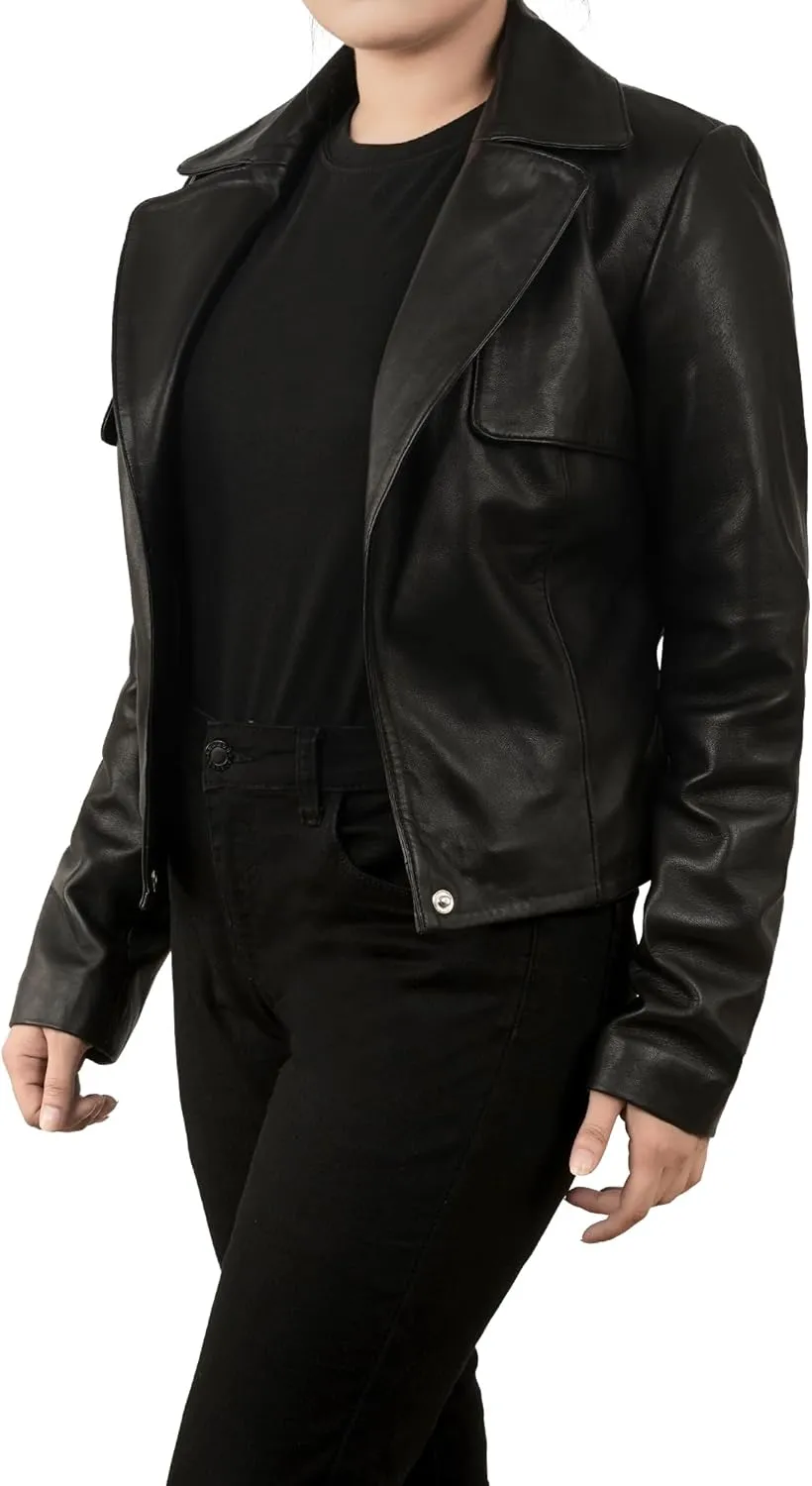 Cropped Leather Jacket Women | Genuine Leather Coat Snap Button Closure Short Blazers for Women