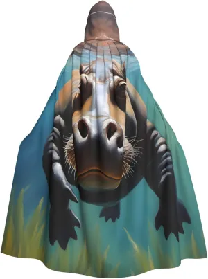 Diving Hippo Prints Hooded Cloak for Halloween, Role-playing, and Costume Parties - Comfortable and Durable