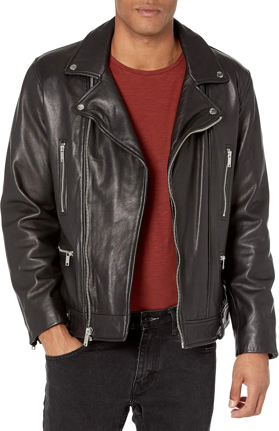 DKNY Mens Asymmetrical Leather Moto Jacket