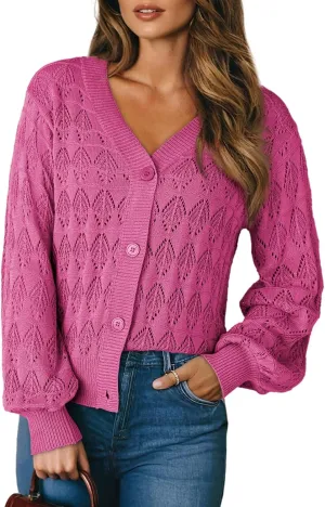 Dokotoo Cropped Cardigan Sweaters for Women Long Sleeve Crochet Knit Shrug Open Front V-Neck Button up Tops