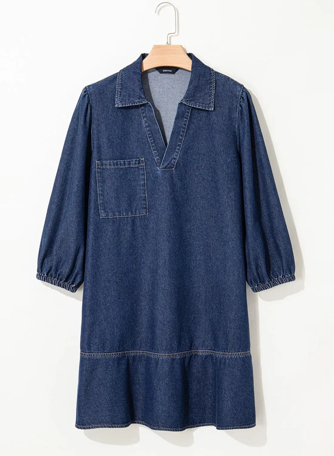 Dokotoo Denim Dress for Women Summer Casual Babydoll 2025 V Neck 3/4 Puff Sleeve Jean Dresses