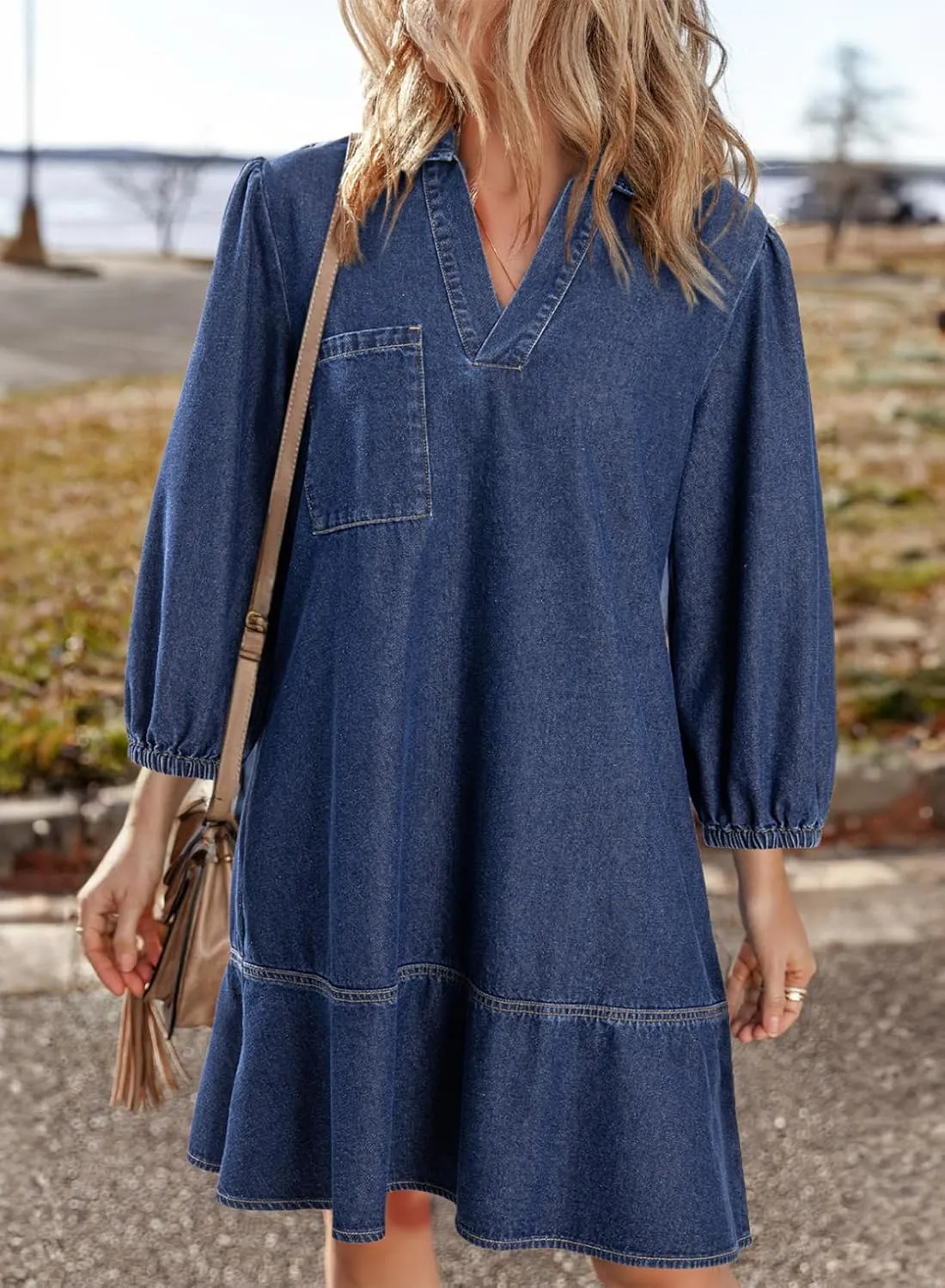 Dokotoo Denim Dress for Women Summer Casual Babydoll 2025 V Neck 3/4 Puff Sleeve Jean Dresses