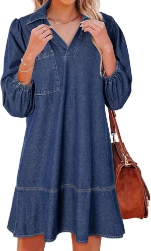 Dokotoo Denim Dress for Women Summer Casual Babydoll 2025 V Neck 3/4 Puff Sleeve Jean Dresses
