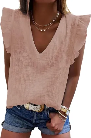 Dokotoo Womens 2025 Cute V Neck Ruffle Sleeveless Shirts Elegant Tank Tops Blouses
