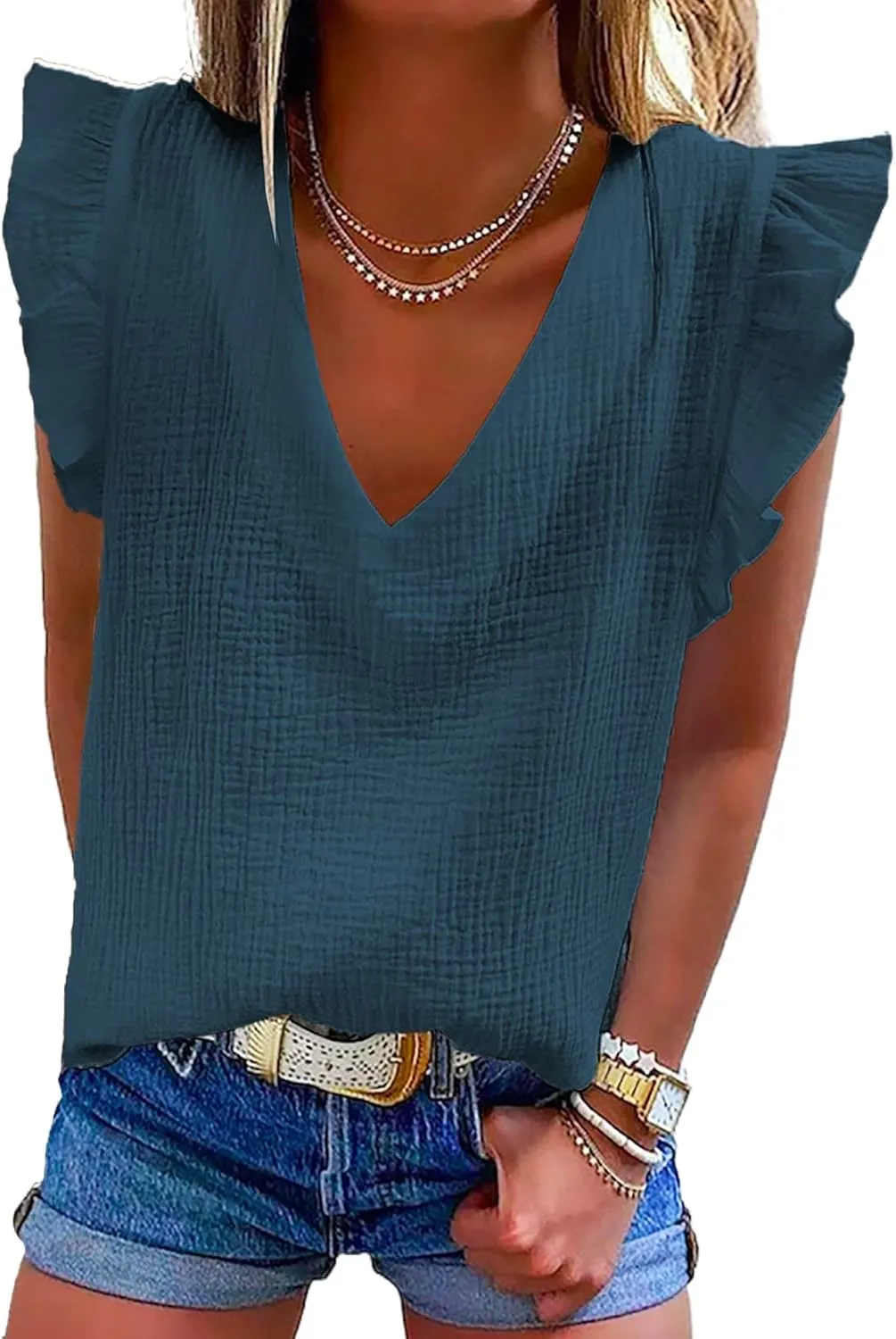 Dokotoo Womens 2025 Cute V Neck Ruffle Sleeveless Shirts Elegant Tank Tops Blouses