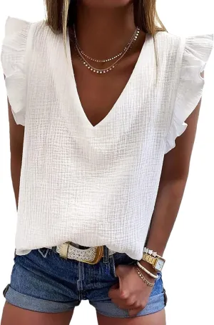 Dokotoo Womens 2025 Cute V Neck Ruffle Sleeveless Shirts Elegant Tank Tops Blouses