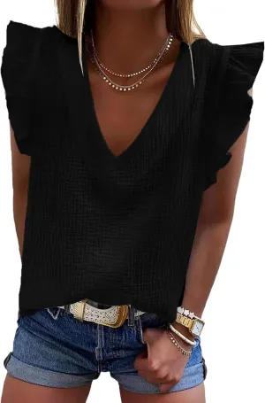 Dokotoo Womens 2025 Cute V Neck Ruffle Sleeveless Shirts Elegant Tank Tops Blouses