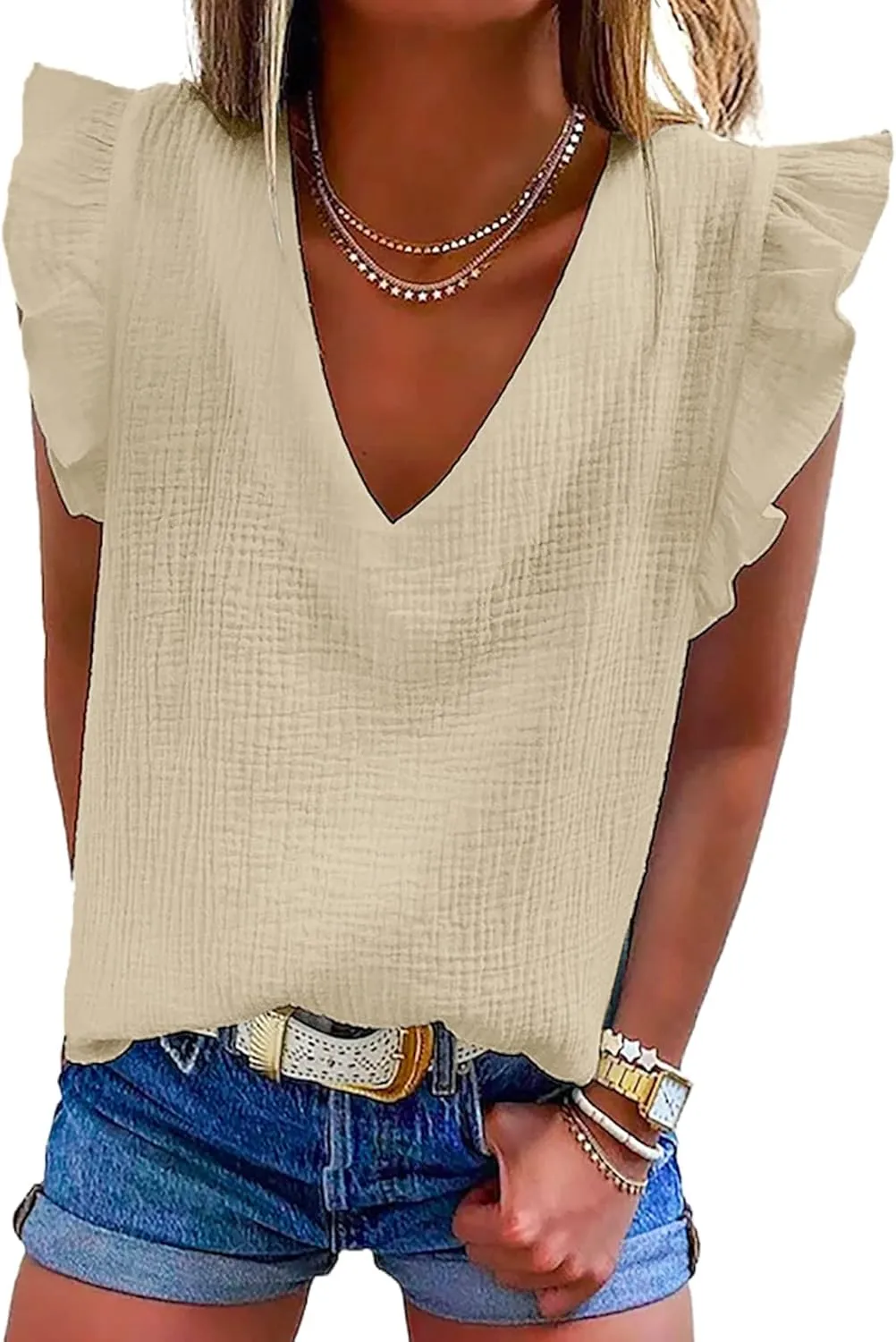 Dokotoo Womens 2025 Cute V Neck Ruffle Sleeveless Shirts Elegant Tank Tops Blouses