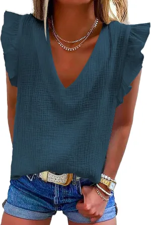 Dokotoo Womens 2025 Cute V Neck Ruffle Sleeveless Shirts Elegant Tank Tops Blouses