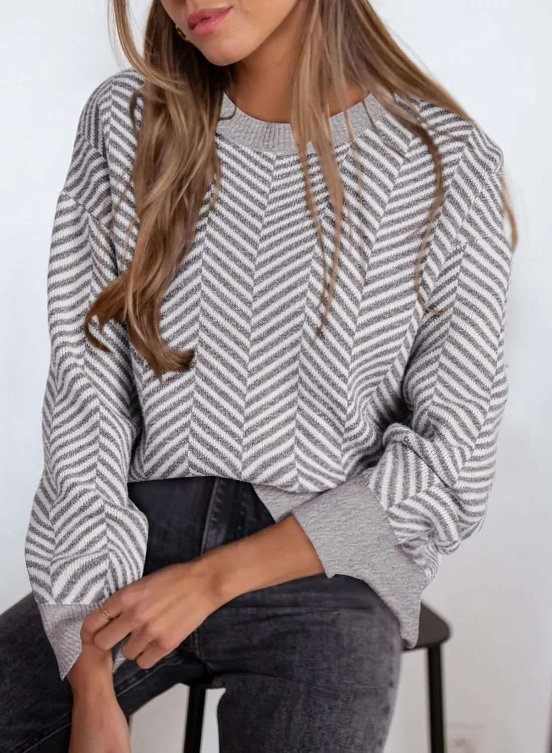 Dokotoo Women's Crewneck Cute Sweaters 2024 Striped Colorblock Fall Winter Knitted Pullover Tops