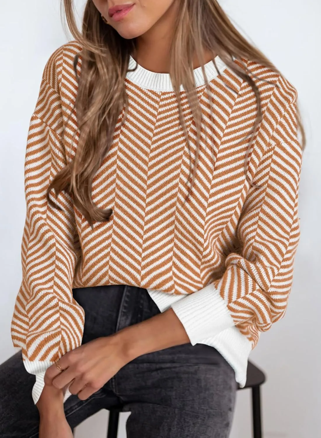 Dokotoo Women's Crewneck Cute Sweaters 2024 Striped Colorblock Fall Winter Knitted Pullover Tops