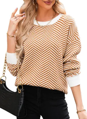 Dokotoo Women's Crewneck Cute Sweaters 2024 Striped Colorblock Fall Winter Knitted Pullover Tops