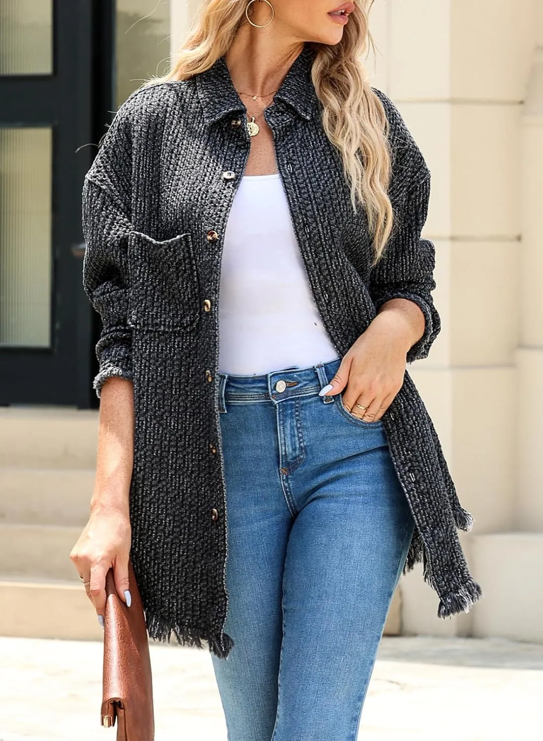 Dokotoo Women's Jean Jackets Button Down Distressed Denim Jacket Casual Long Boyfriend Coats Outwear