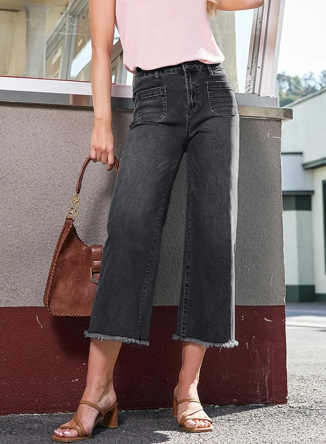 Dokotoo Women's Jeans High Waisted Flare Jeans Raw Hem Denim Pants with Pockets