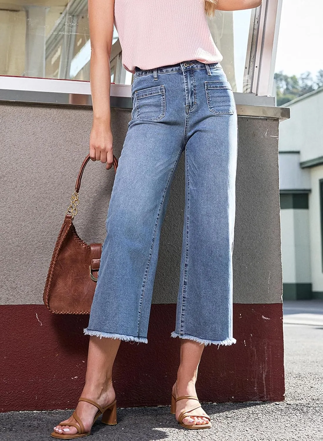 Dokotoo Women's Jeans High Waisted Flare Jeans Raw Hem Denim Pants with Pockets