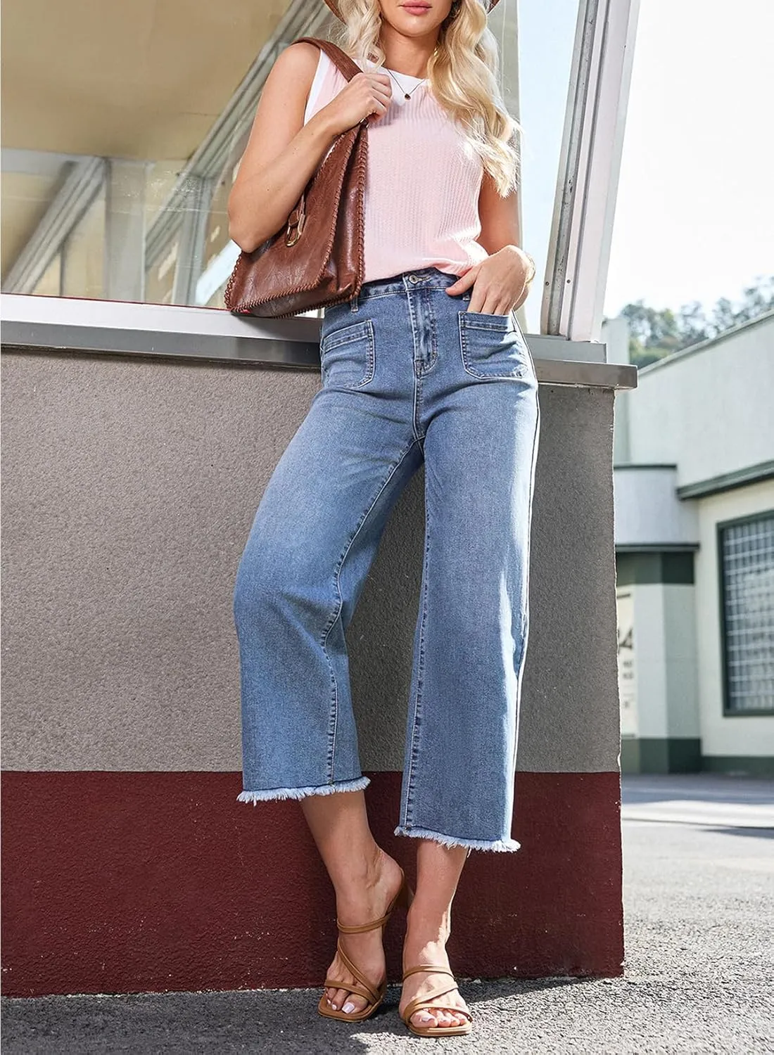 Dokotoo Women's Jeans High Waisted Flare Jeans Raw Hem Denim Pants with Pockets