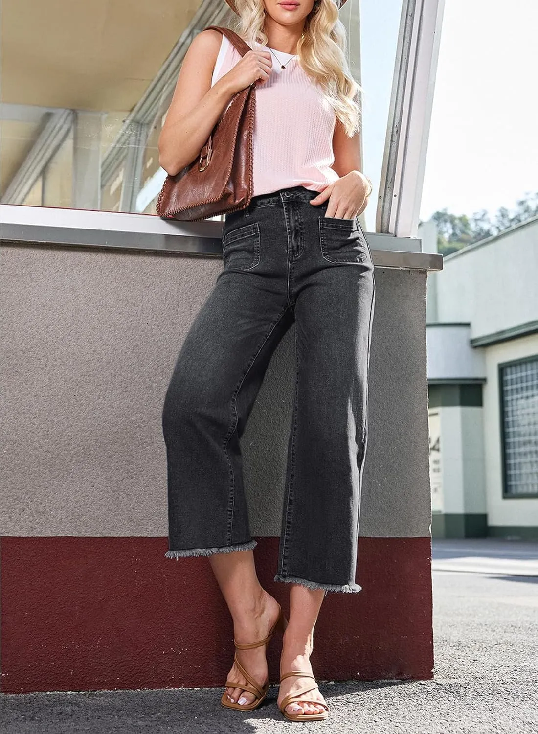 Dokotoo Women's Jeans High Waisted Flare Jeans Raw Hem Denim Pants with Pockets