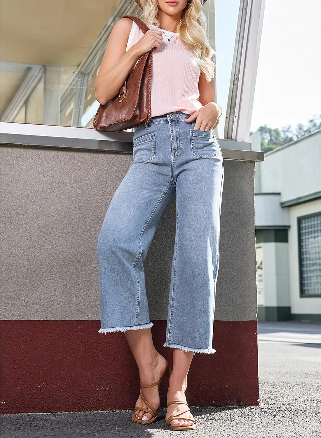 Dokotoo Women's Jeans High Waisted Flare Jeans Raw Hem Denim Pants with Pockets