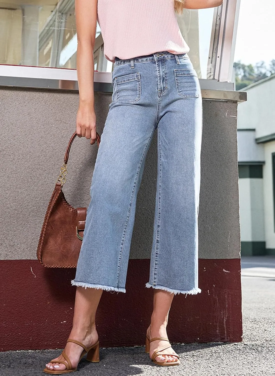 Dokotoo Women's Jeans High Waisted Flare Jeans Raw Hem Denim Pants with Pockets
