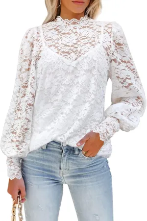 DOROSE Womens Tops and Blouses Dressy Casual Lace Floral Long Sleeve Shirts
