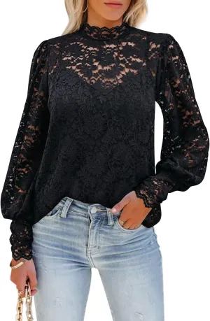 DOROSE Womens Tops and Blouses Dressy Casual Lace Floral Long Sleeve Shirts