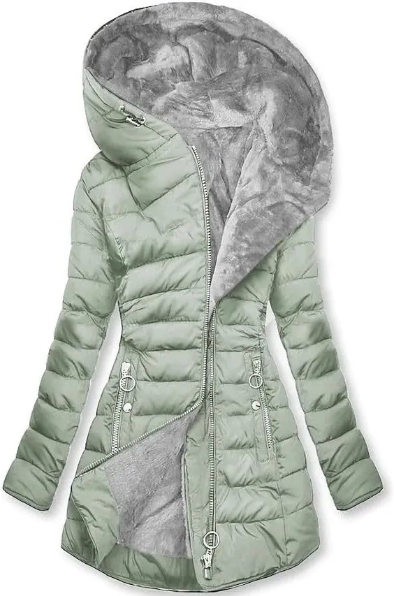 Down Jackets for Women Winter Full Zipper Hooded Sherpa Mid Length Down Coat Cozy Line Plush Lightweight Warm Long Outwear