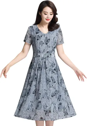 Dresses for Women 2024 Casual V Neck Floral Print Midi Dress Elegant A Line Short Sleeve High Waist Summer Dresses