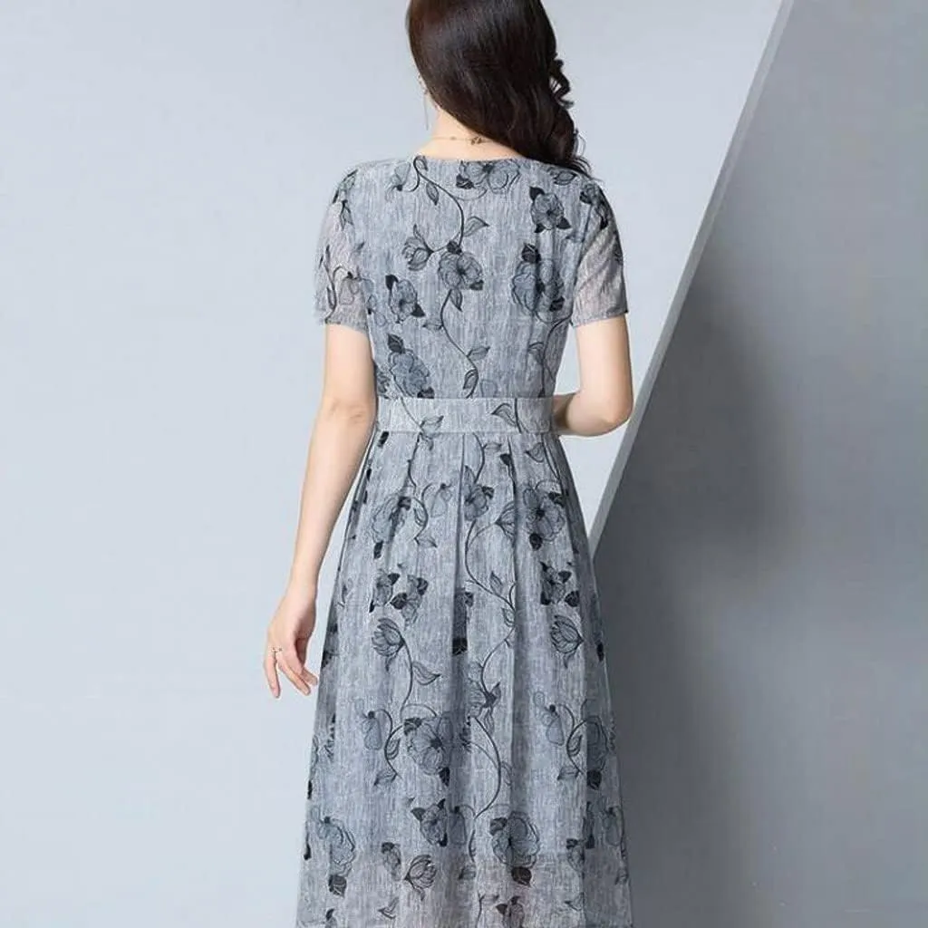 Dresses for Women 2024 Casual V Neck Floral Print Midi Dress Elegant A Line Short Sleeve High Waist Summer Dresses