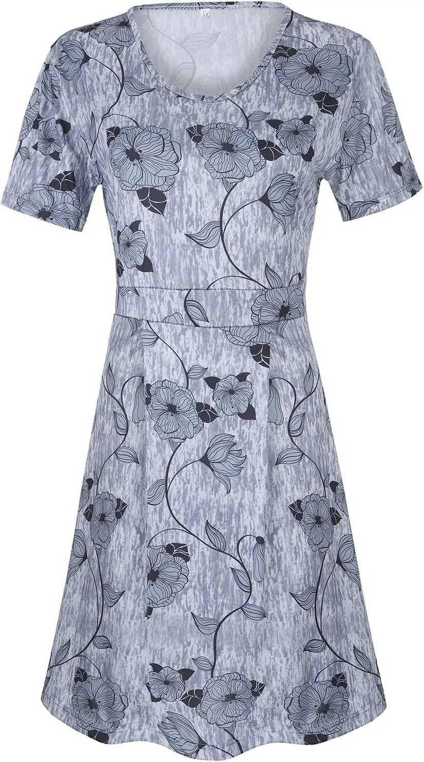 Dresses for Women 2024 Casual V Neck Floral Print Midi Dress Elegant A Line Short Sleeve High Waist Summer Dresses