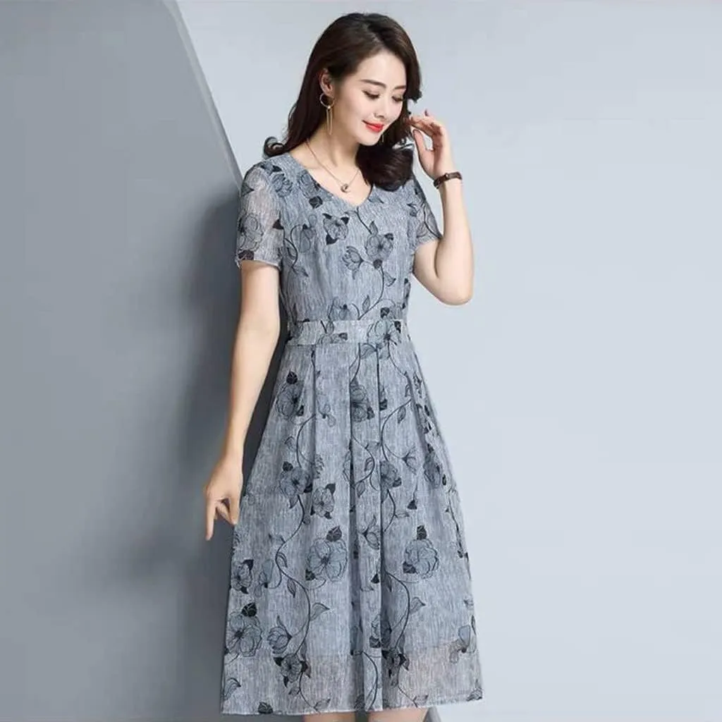Dresses for Women 2024 Casual V Neck Floral Print Midi Dress Elegant A Line Short Sleeve High Waist Summer Dresses