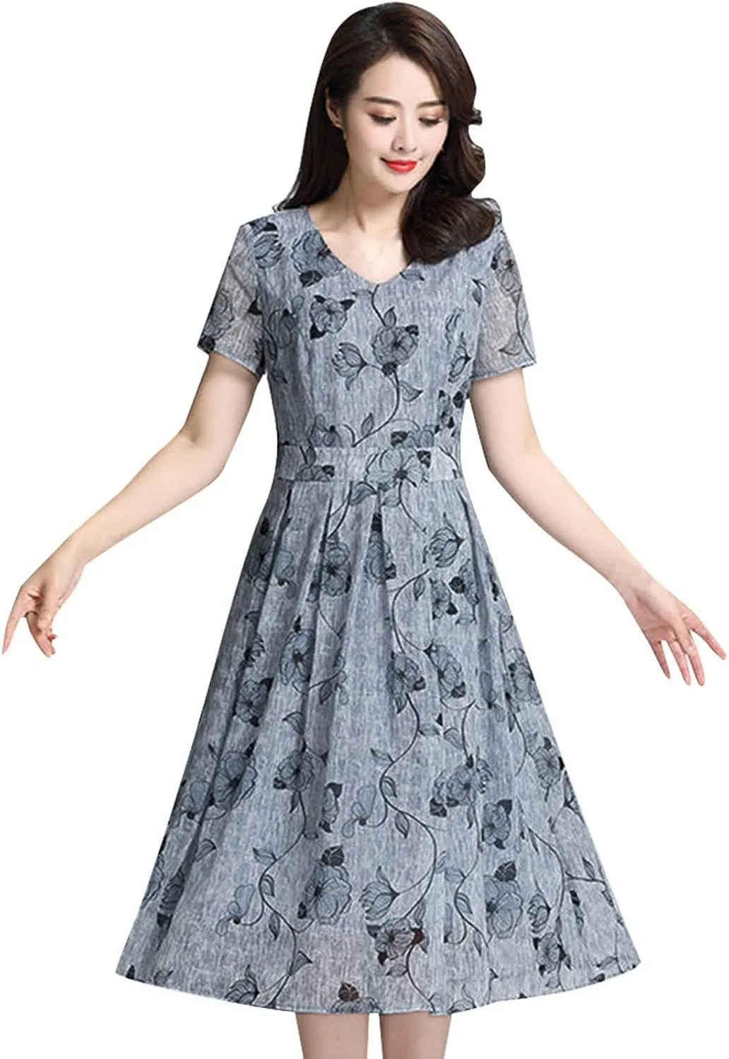 Dresses for Women 2024 Casual V Neck Floral Print Midi Dress Elegant A Line Short Sleeve High Waist Summer Dresses