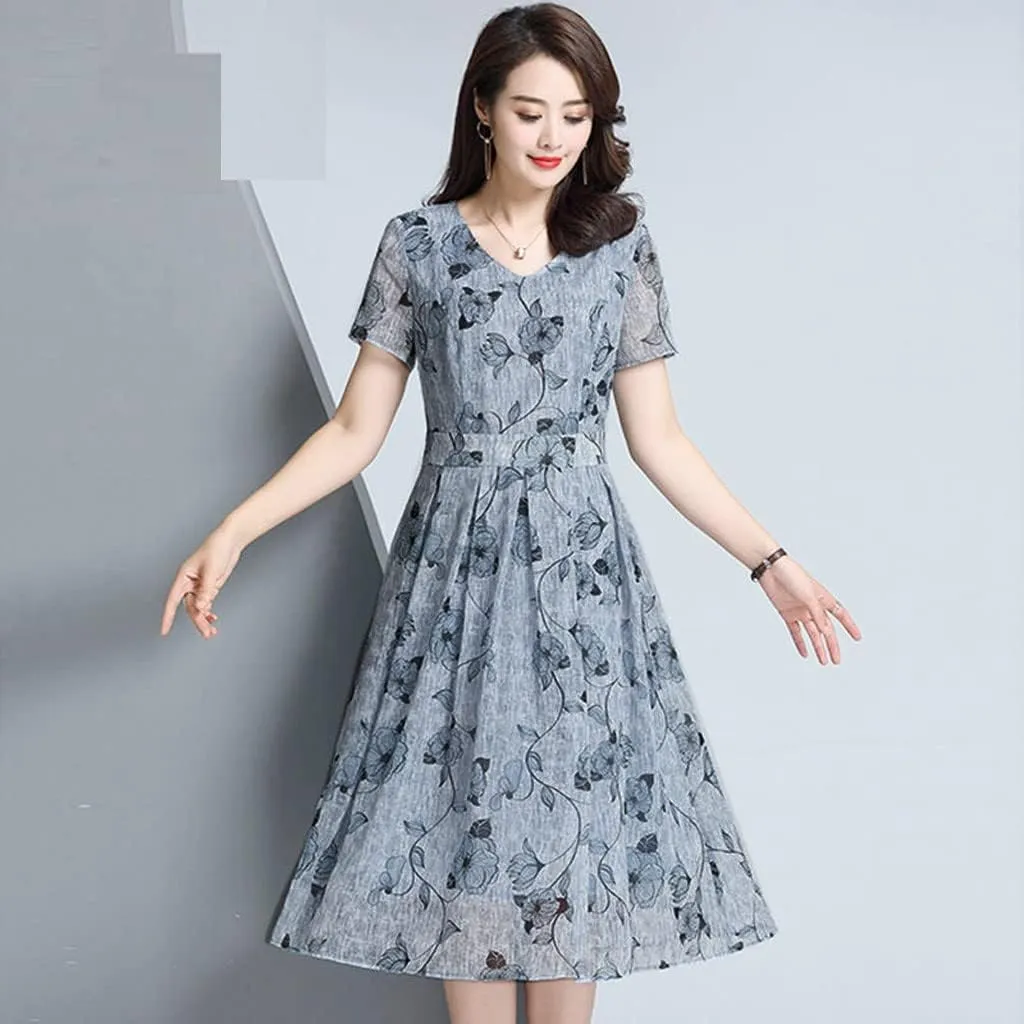 Dresses for Women 2024 Casual V Neck Floral Print Midi Dress Elegant A Line Short Sleeve High Waist Summer Dresses