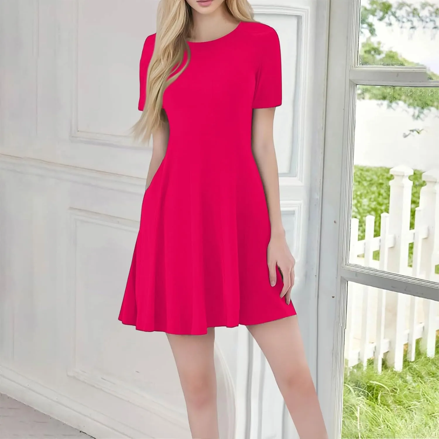 Dresses for Women 2025, Summer Empire Waist Dress Mini Short Sleeve Ruched Crew Neck Vacation Dresses with Pockets