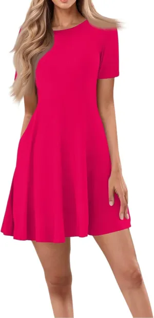 Dresses for Women 2025, Summer Empire Waist Dress Mini Short Sleeve Ruched Crew Neck Vacation Dresses with Pockets