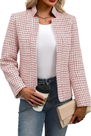 ebossy Women's Casual Slim Notched Plaid Tweed Blazer Elegant Open Front Long Sleeve Business Work Jacket Dress Coat