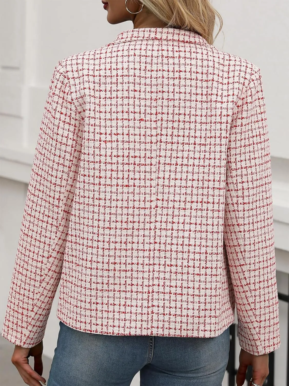 ebossy Women's Casual Slim Notched Plaid Tweed Blazer Elegant Open Front Long Sleeve Business Work Jacket Dress Coat