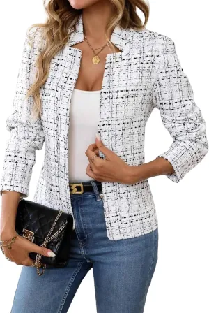 ebossy Women's Casual Slim Notched Plaid Tweed Blazer Elegant Open Front Long Sleeve Business Work Jacket Dress Coat