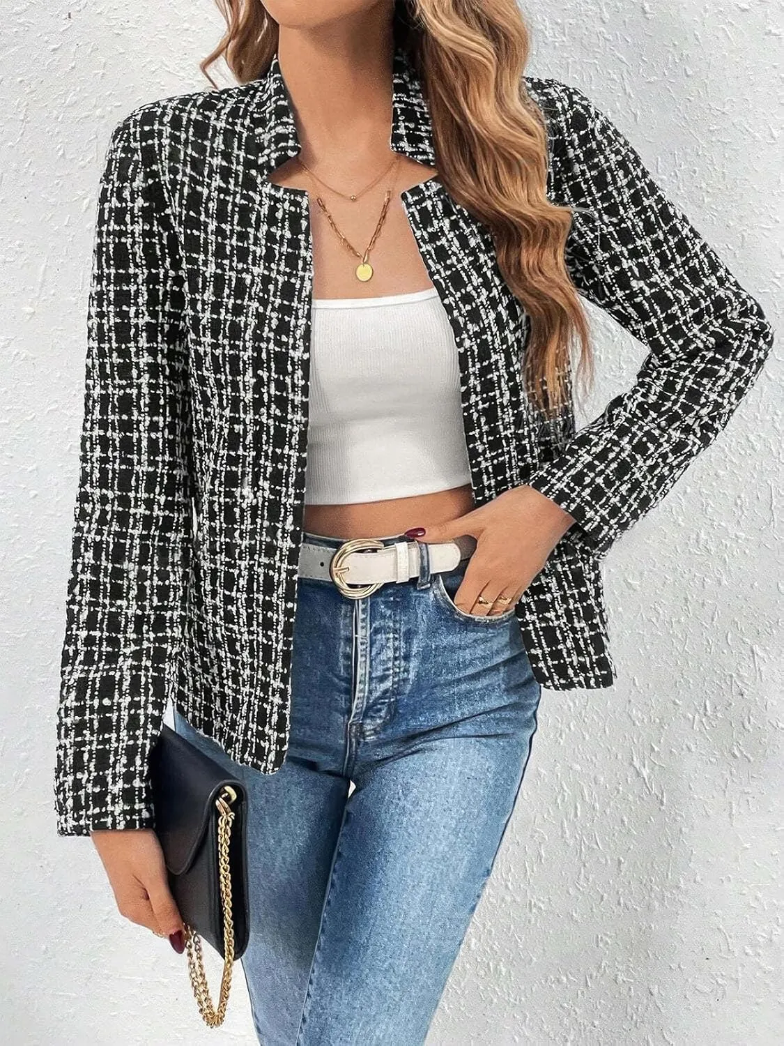 ebossy Women's Casual Slim Notched Plaid Tweed Blazer Elegant Open Front Long Sleeve Business Work Jacket Dress Coat
