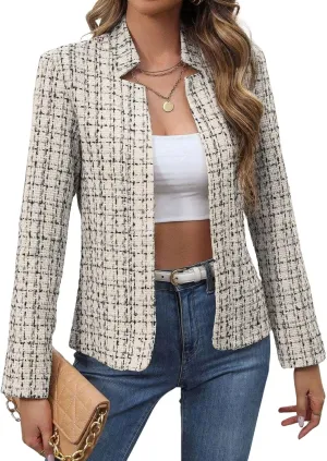 ebossy Women's Casual Slim Notched Plaid Tweed Blazer Elegant Open Front Long Sleeve Business Work Jacket Dress Coat