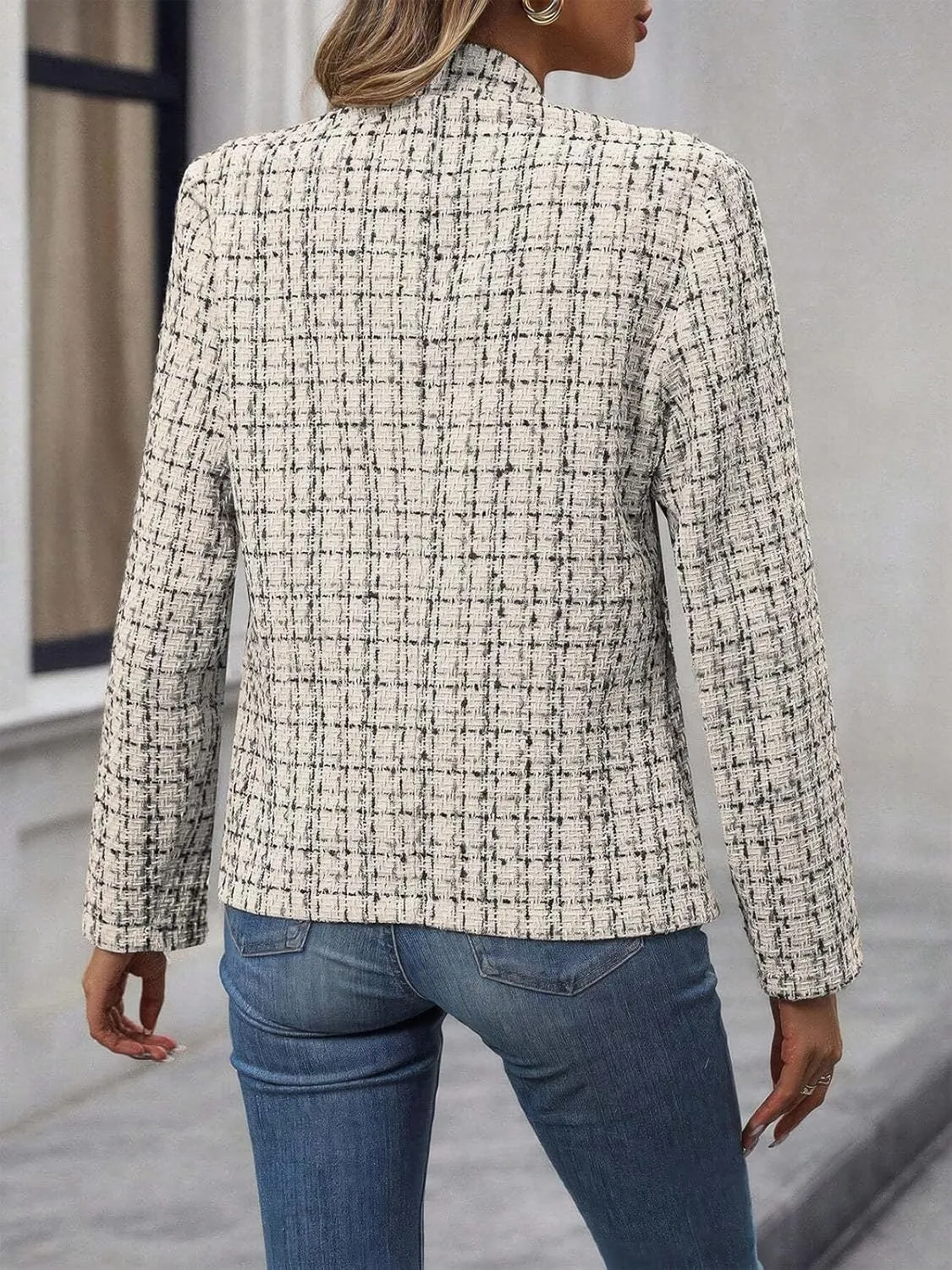 ebossy Women's Casual Slim Notched Plaid Tweed Blazer Elegant Open Front Long Sleeve Business Work Jacket Dress Coat