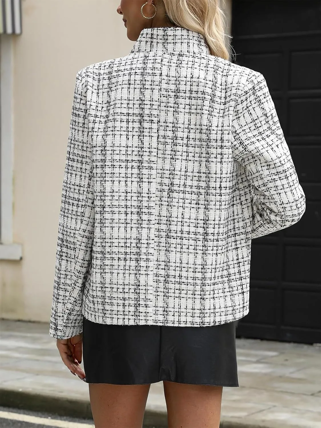 ebossy Women's Casual Slim Notched Plaid Tweed Blazer Elegant Open Front Long Sleeve Business Work Jacket Dress Coat