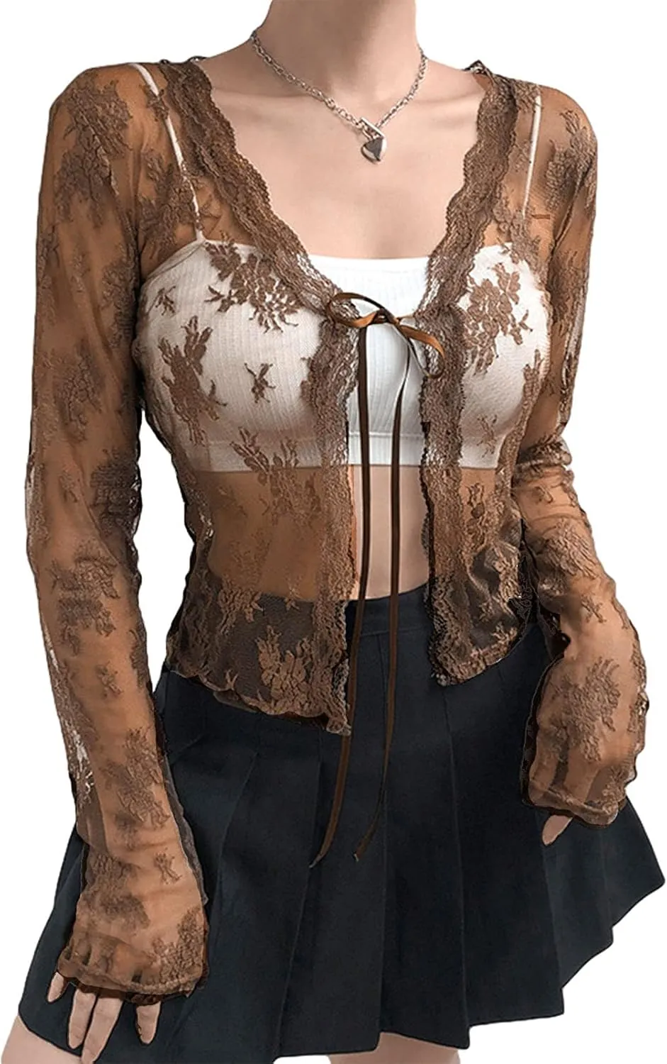 Elegant Women Lace Cardigan Long Sleeve See Through Sheer Shrug Mesh Blouse Tie Up Crop Tops