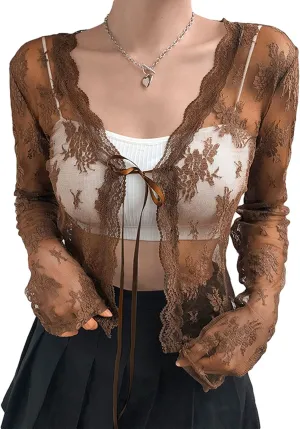 Elegant Women Lace Cardigan Long Sleeve See Through Sheer Shrug Mesh Blouse Tie Up Crop Tops