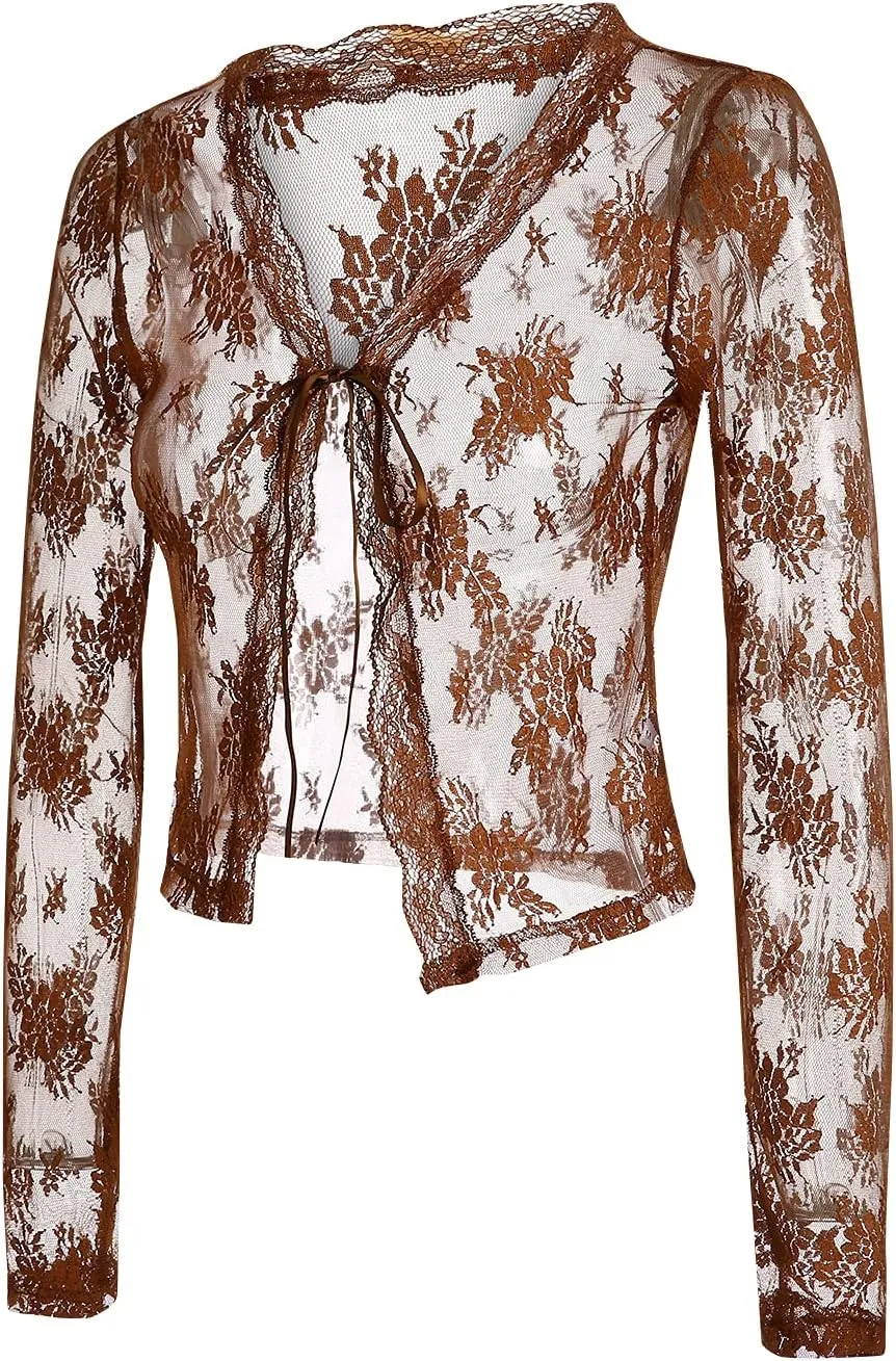 Elegant Women Lace Cardigan Long Sleeve See Through Sheer Shrug Mesh Blouse Tie Up Crop Tops