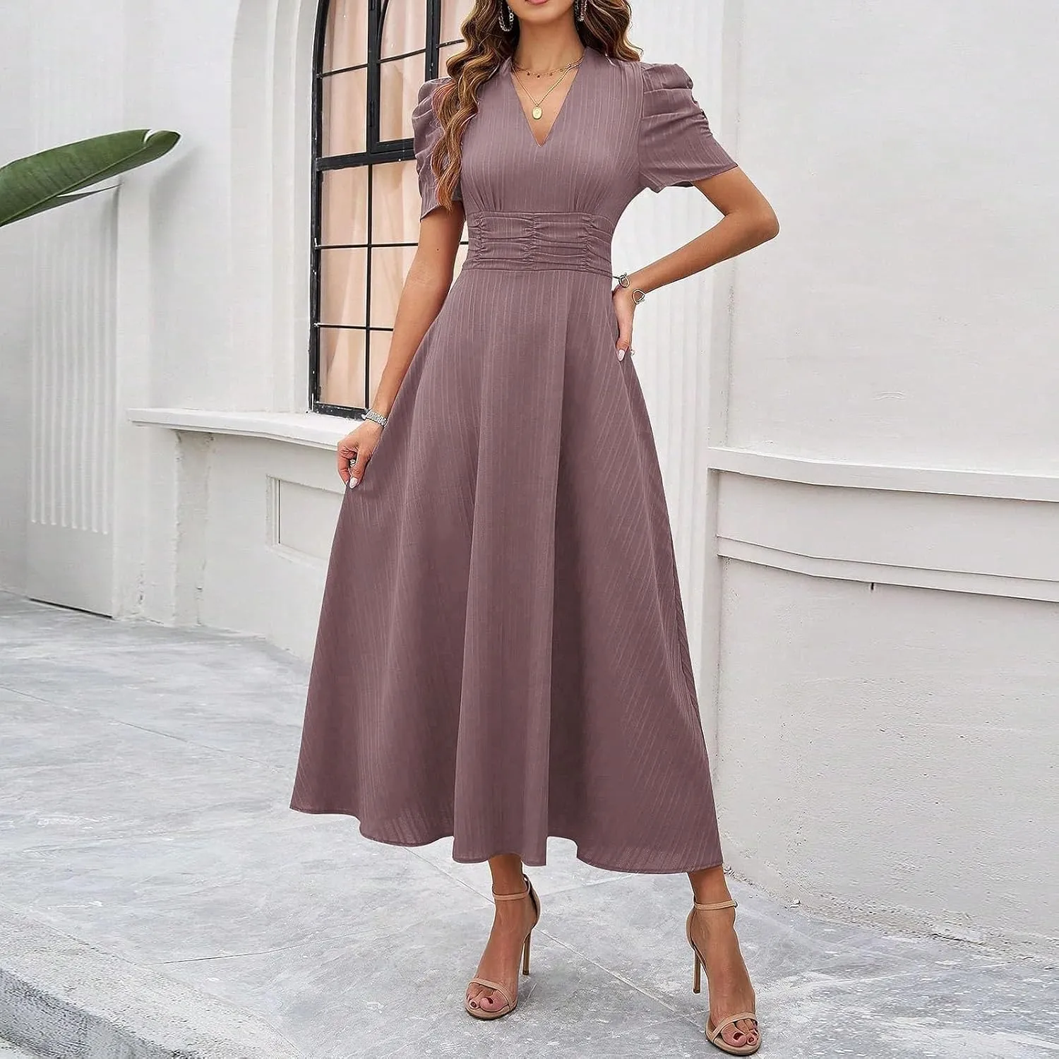 Elegant Women's Vintage A-Line Midi Dress with Puff Sleeves and V-Neck for Party, Wedding, Evening Outfits
