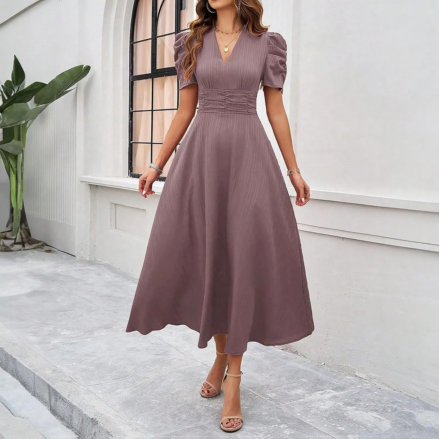 Elegant Women's Vintage A-Line Midi Dress with Puff Sleeves and V-Neck for Party, Wedding, Evening Outfits