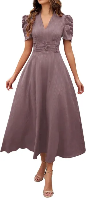 Elegant Women's Vintage A-Line Midi Dress with Puff Sleeves and V-Neck for Party, Wedding, Evening Outfits